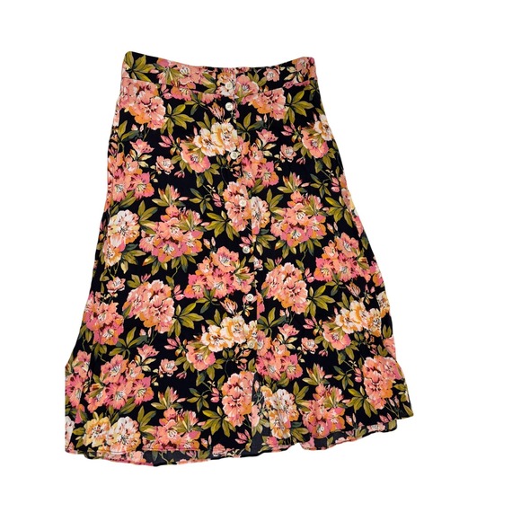 LOFT Dresses & Skirts - LOFT Floral Button Front Midi Skirt Black Pink Orange Botanical Print Size M